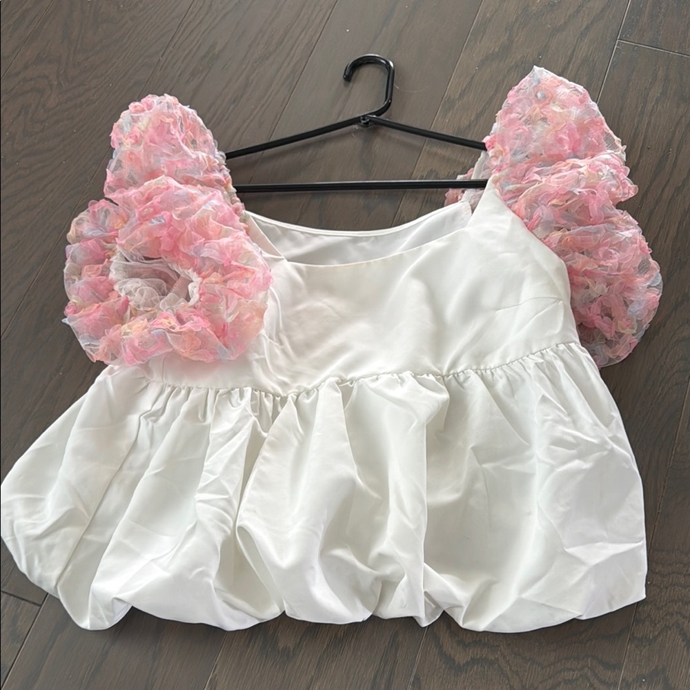 White Top with Pastel Ruffled Flower Sleeves